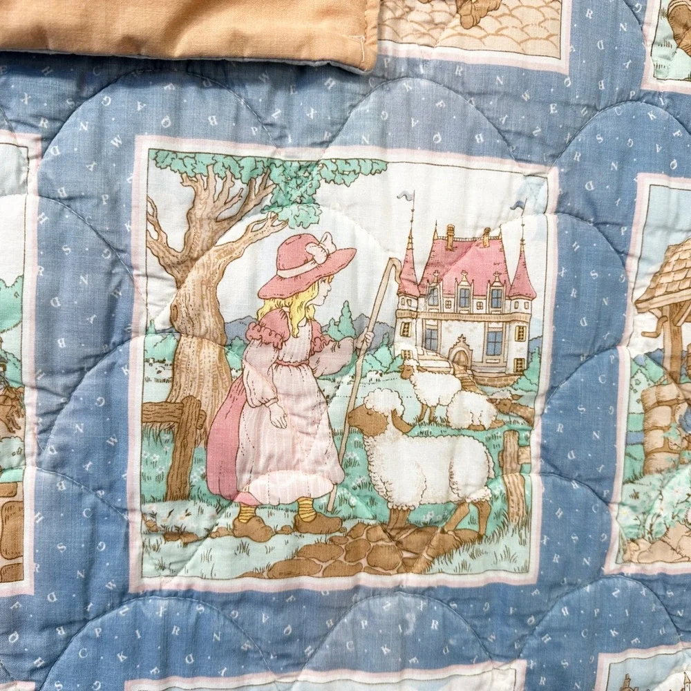 Vintage Nursery Rhymes Quilt Kids Storybook Blanket Mother Goose Pillow Pocket‎